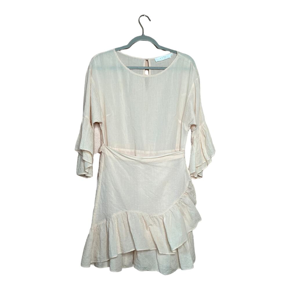 ASTR the Label the suri 3/4-Bell-Sleeve Ruffle Wrap Mini Dress powder pink Sz L